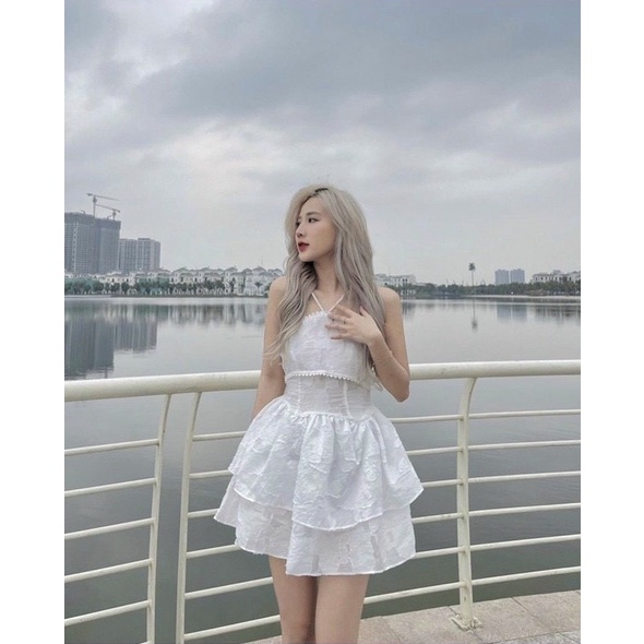 Đầm dự tiệc dây cổ yếm phối ren có lót toàn thân tùng xếp tầng cực sang chảnh ALICE DRESS