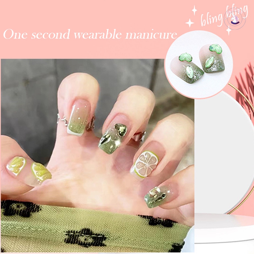 Set 24 Móng Tay Giả Sáng Bóng Họa Tiết Quả Chanh Xanh Lá Phong Cách Pháp Dễ Xé Không Rơi Dành Cho Nữ