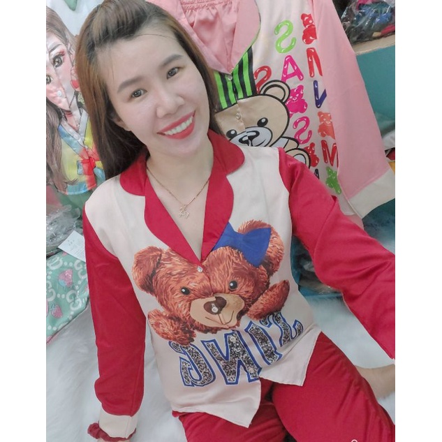 Bộ pizama  tay dài quần dài Satin loại 1, Hoạt hình size 40-54kg chất mát, không thô cứng, loại vải satin 1