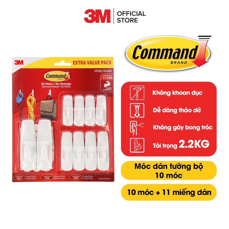 Bộ 10 Móc dán tường Command 3M chịu lực 2.2kg -bám chắc, tháo cực dễ 17008EXVP