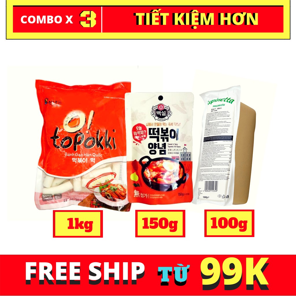 ( COMBO ) BÀNH GẠO TOPOKKI HÀN QUỐC 1KG KÈM SỐ TOKBOKKI HÀN QUỐC 150G + 200G PHÔ MAI MOZZARELLA