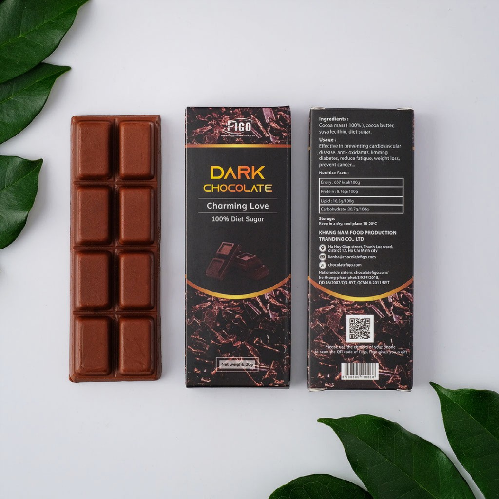 [CHÍNH HÃNG-KETO] Dark Chocolate 100% có đường ăn kiêng DIET SUGAR 20g FIGO VIET NAM