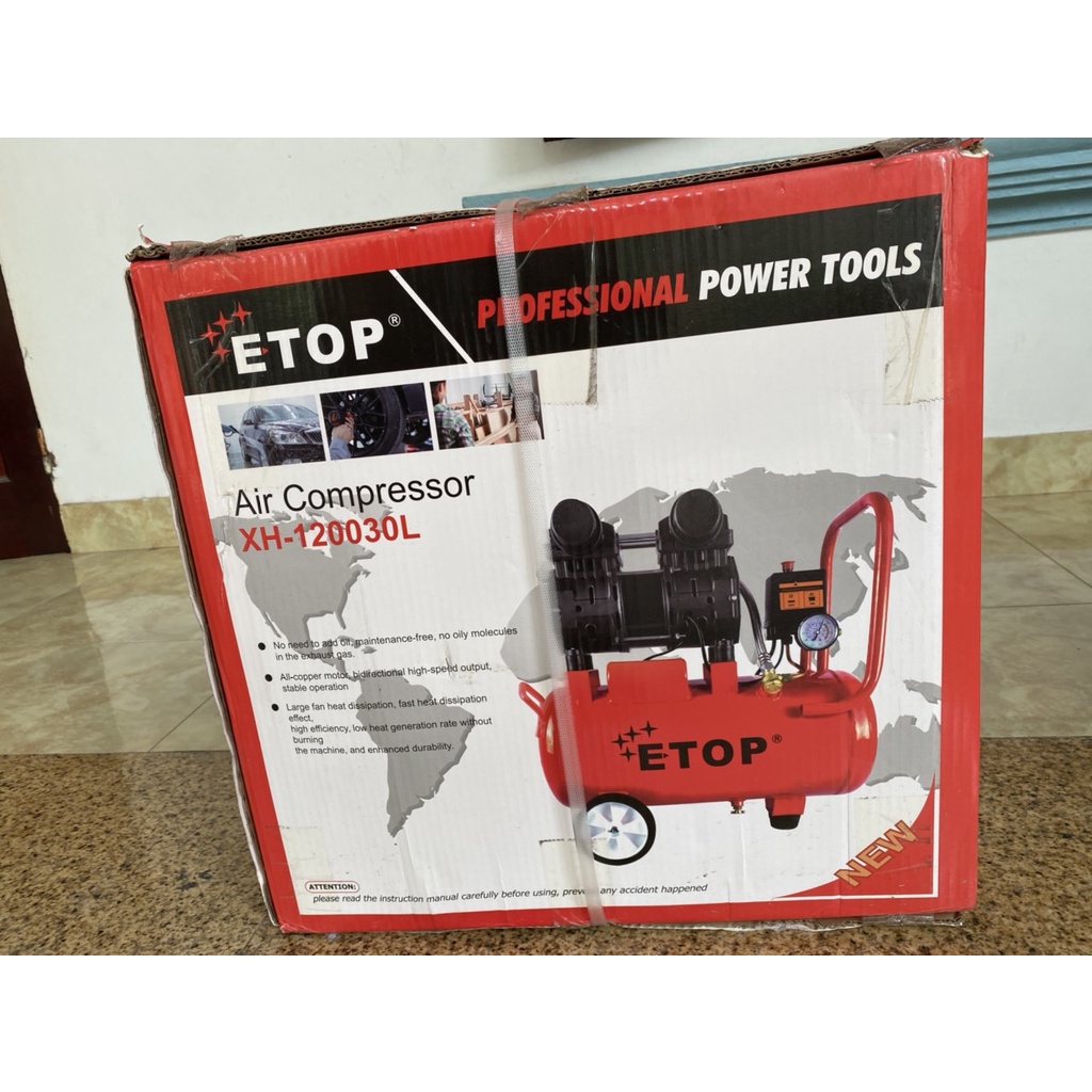 Máy nén khí không dầu 30 lít, Công suất 1200w chính hãng ETOP - Cam kết lõi đồng 100%, chuyên dùng bơm hơi, phun sơn