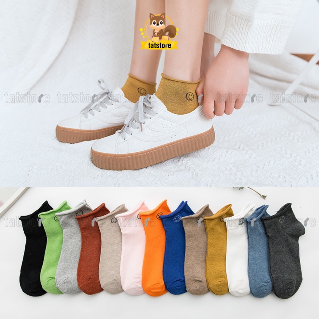 Tất nữ cổ thấp vớ trơn basic phong cách Hàn Quốc cute họa tiết hoạt hình mặt cười TẤT STORE 1CNF13