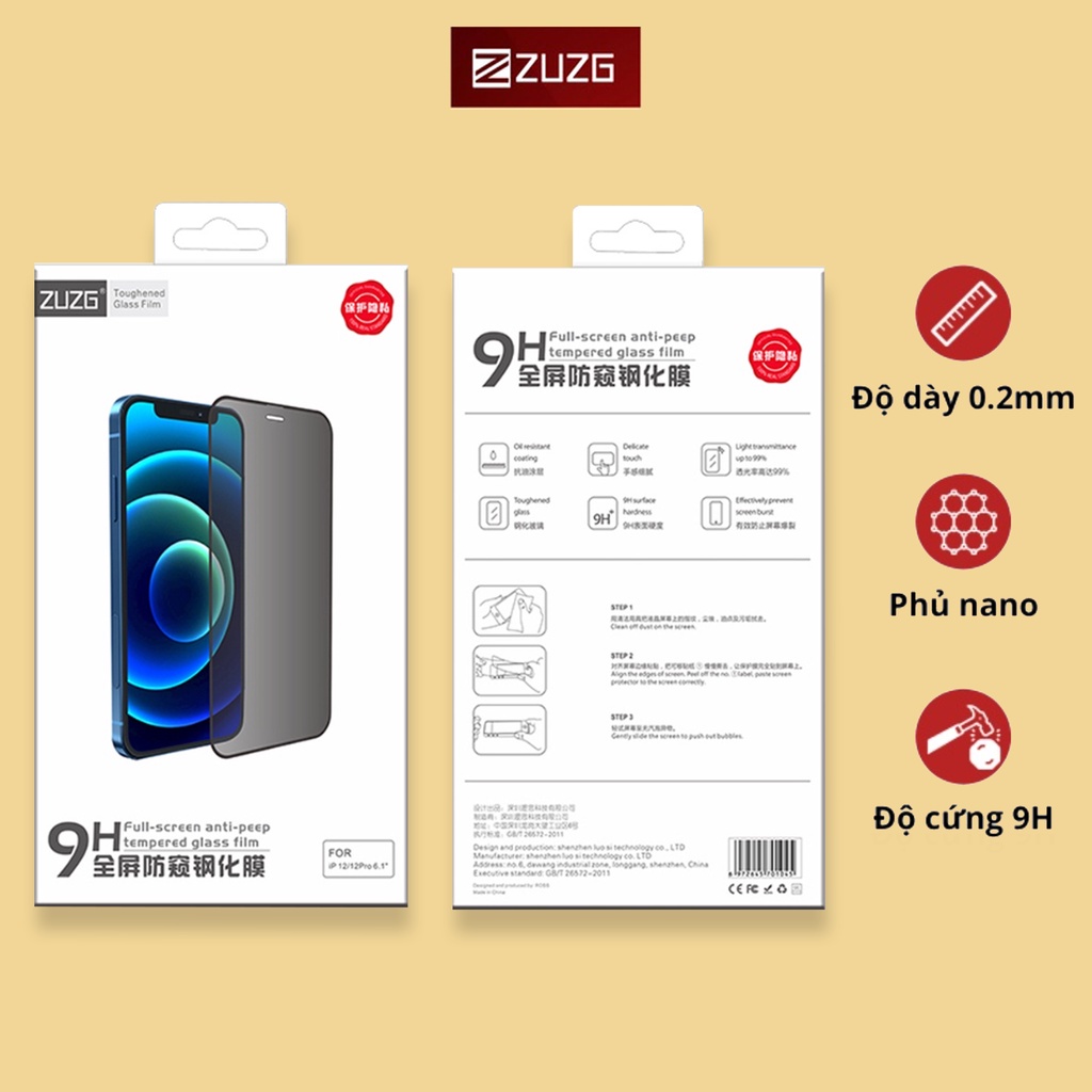 Kính cường lực chống nhìn trộm iPhone ZUZG Ver 1 - Kính Full viền cứng