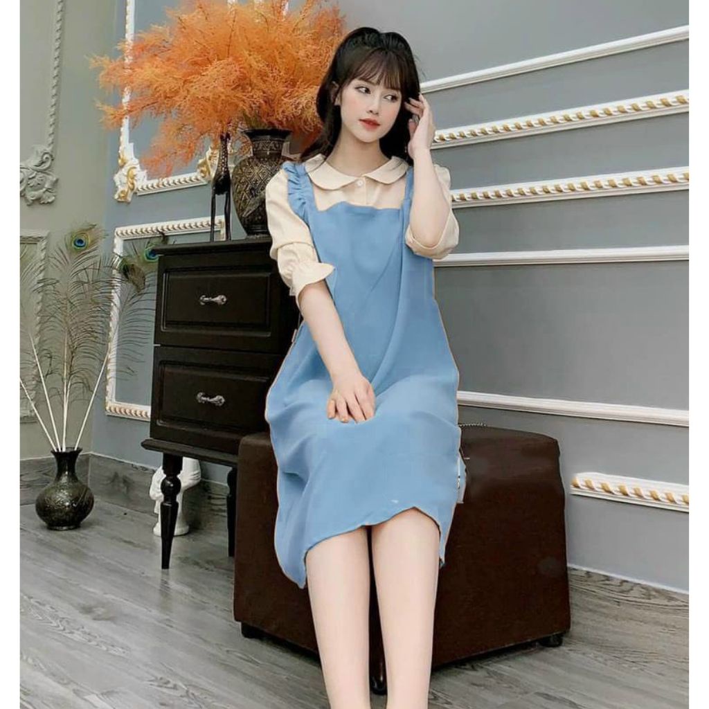 Váy bầu yếm liền tay lỡ thời trang thiết kế M420 chất cát hàn freesize từ 45 đến 70kg