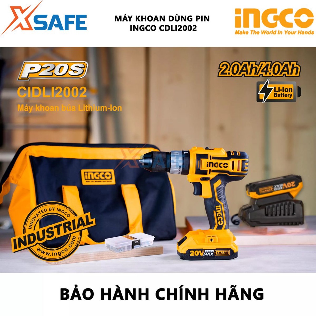 Máy khoan pin cầm tay 20V INGCO CDLI2002 hai tốc độ 400-1500v/p đầu khoan khóa tự động, khóa trục chính, kèm 2 pin 1 sạc