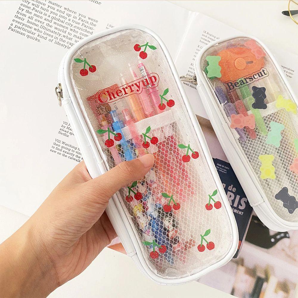 Bóp Viết Trong Suốt In Hình Gấu Và Cherry Dễ Thương