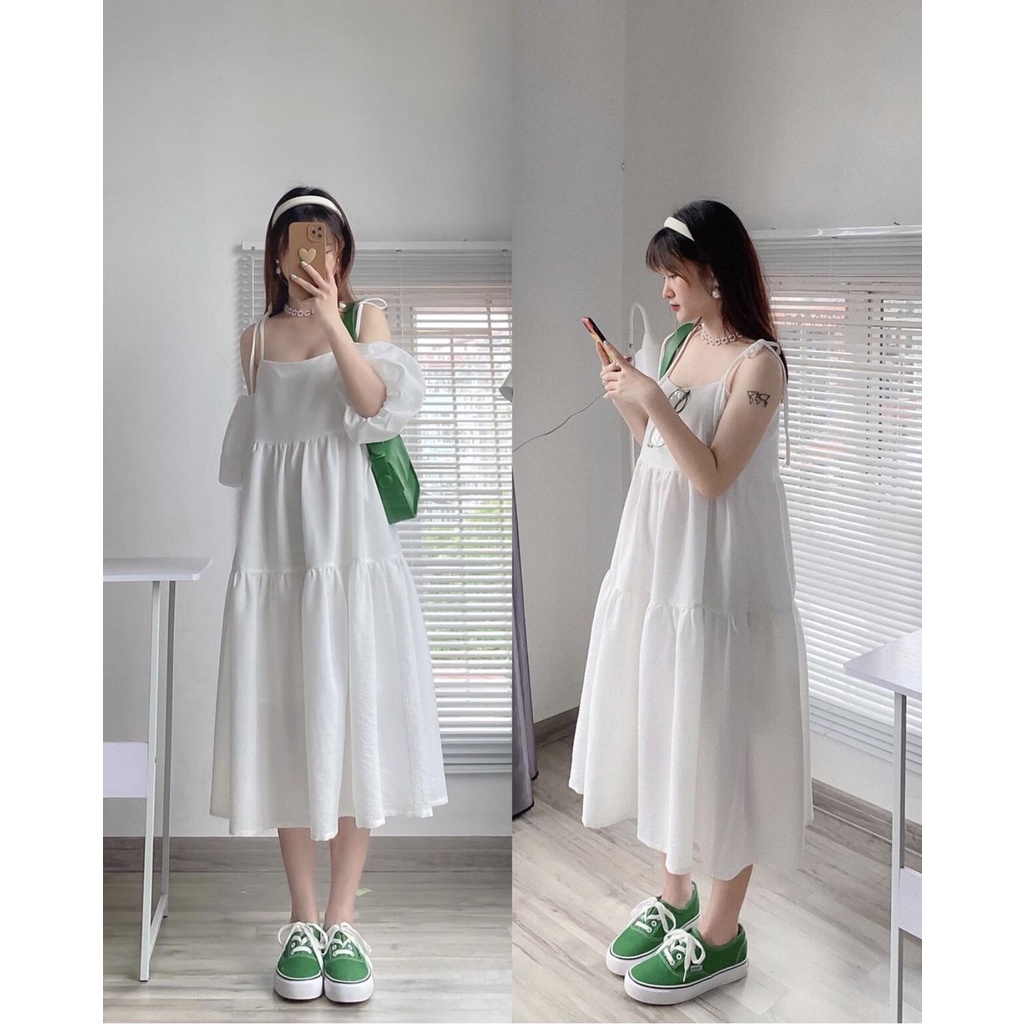 [Sẵn] Đầm - Váy 2 dây babydoll  3 tầng chất đũi xốp (tặng kèm tay rời mặc nhiều kiểu)