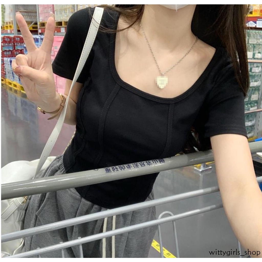Áo Thun Lửng Tay Ngắn Cổ Vuông Thời Trang Cho Nữ