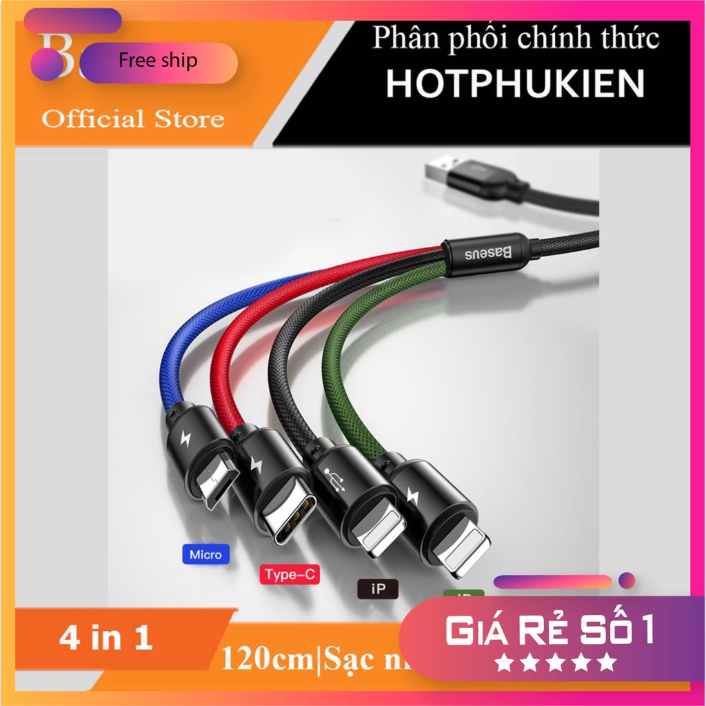 Dây cáp sạc đa năng Baseus Rapid 4 in 1 Type-C, 2 Lighning, Micro USB, cho iPhone/ iPad, Smartphone 