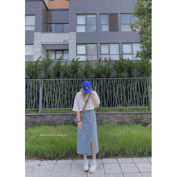 Chân váy jean xanh đậm nút 1 bên