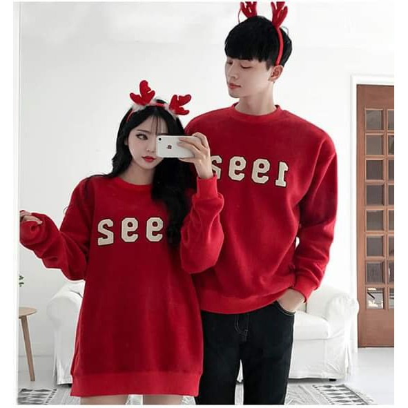 áo đôi thu đông màu đỏ, áo nỉ đôi sweater in số theo yêu cầu