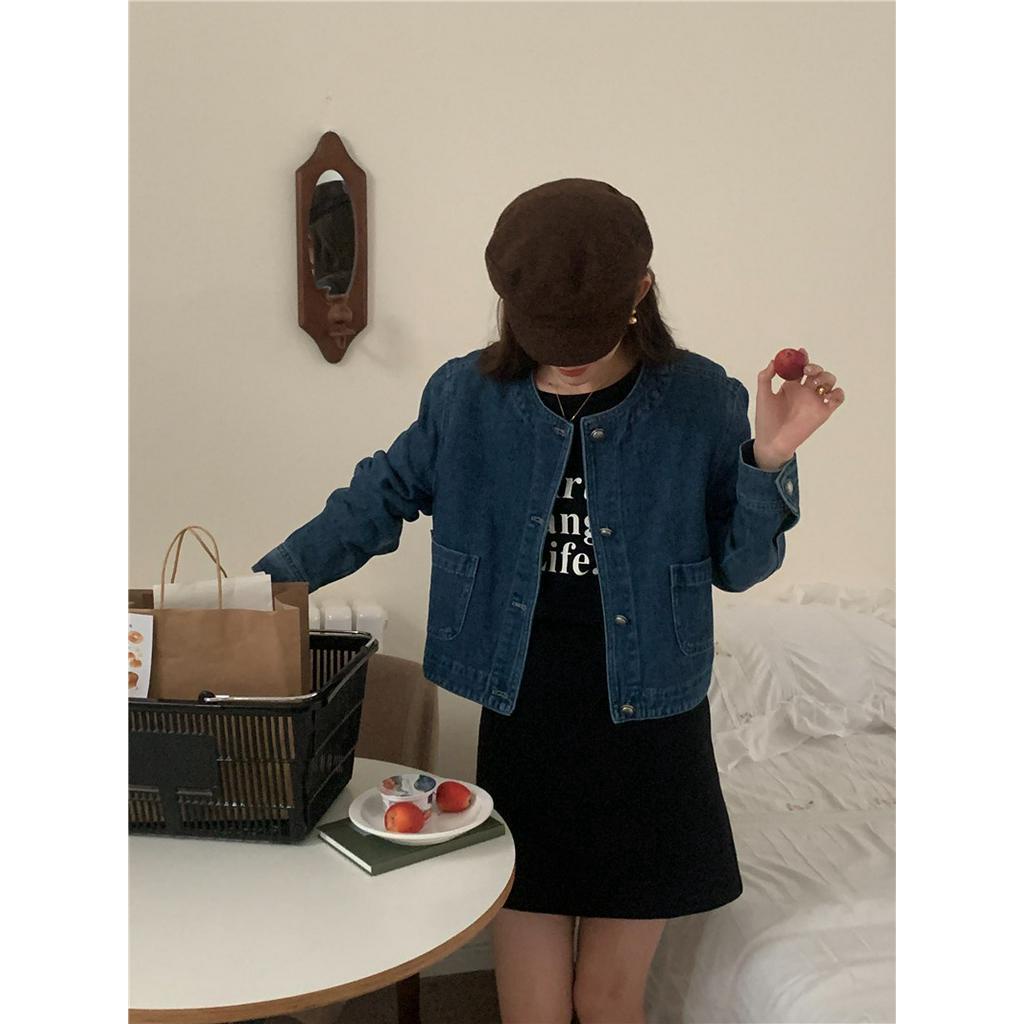 Áo Khoác Denim Tay Dài Cổ Tròn Phong Cách Retro Đơn Giản 60932