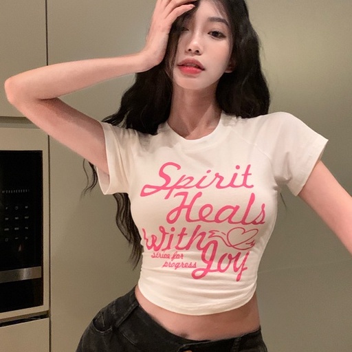 【WANG JIAO ZHAN】 Áo croptop thun ngắn tay in họa tiết chữ thời trang dành cho nữ【6779】