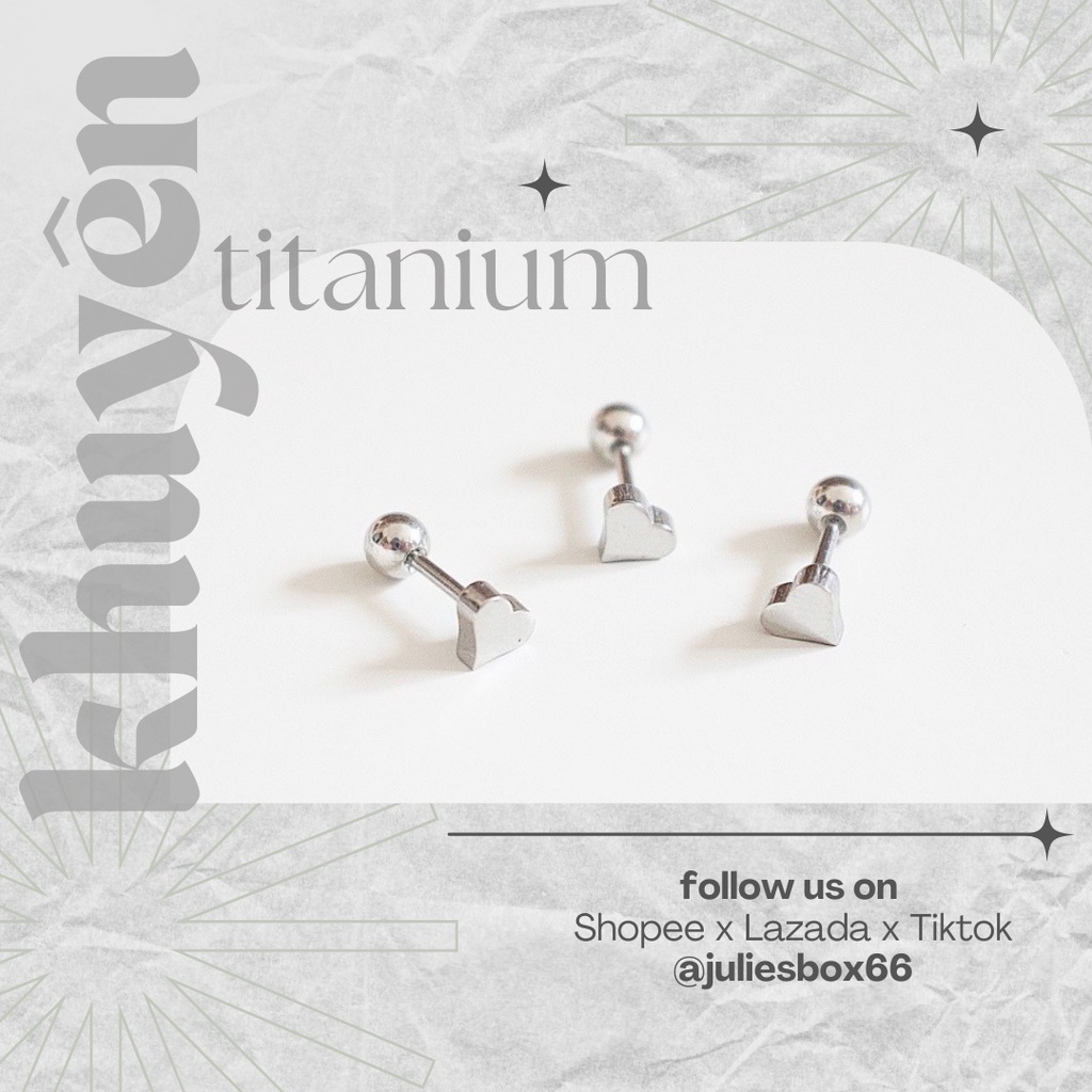 Khuyên Tai Titan Unisex Hình Trái Tim Bi Tròn Không Gỉ Sét Không Ngứa Bông Tai Julies Box 66