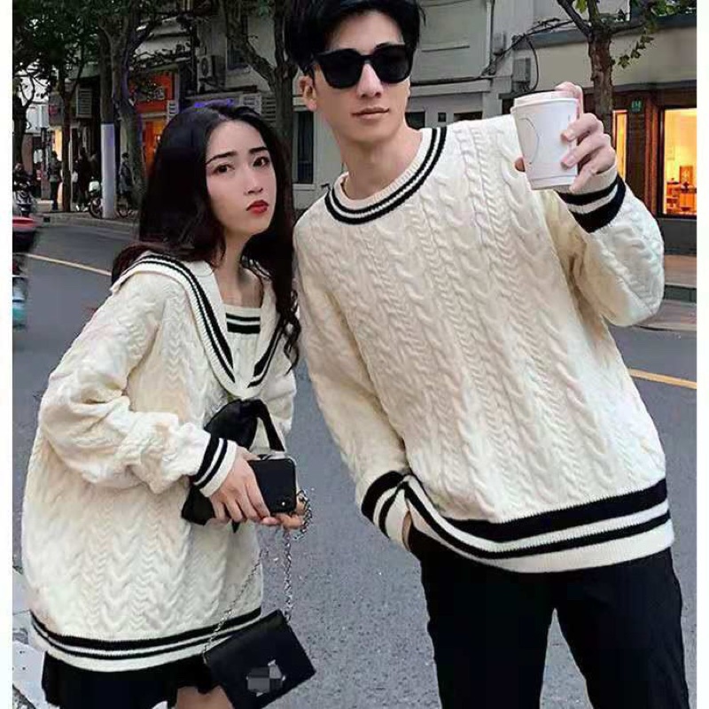 SET ĐÔI ÁO LEN NỮ CỔ THUỶ THỦ TRẮNG VIỀN KẺ PHOM RỘNG CHUẨN ẢNH
