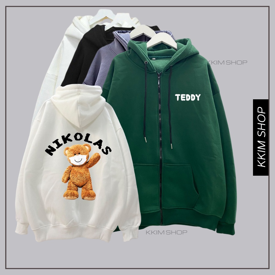 Áo Nỉ HOODIE ZIP GẤU TEDDY NIKOLAS, Áo khoác hoodie dây kéo unisex nam nữ form rộng oversize nỉ bông cao cấp KKIMSHOP