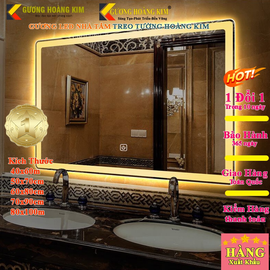 Gương led nhà tắm chữ nhật trang điểm treo tương cảm ứng thông minh kích thước 60x80 guonghoangkim m