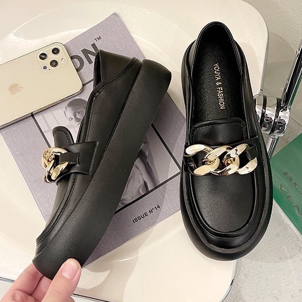 Giày Moca Loafer Ulzzang Vintage, Giày Lười Nữ Da Pu Cao Cấp Họa Tiết Móc Xích Đế Độn 3cm, Hàn Quốc - Iclassy_shoes