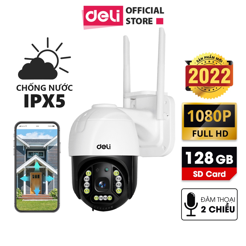 Camera Wifi IP ngoài trời chống nước PTZ Deli - Full HD 1080P xoay 360 độ ES103