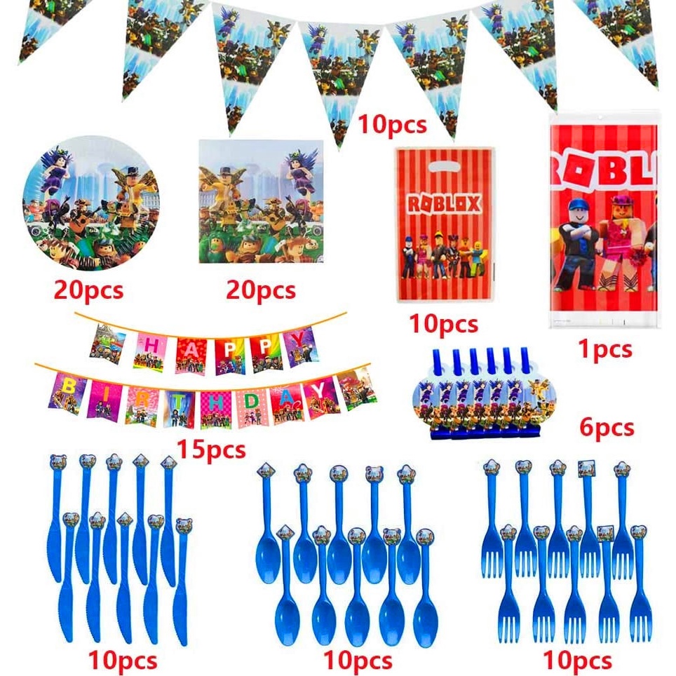 Bộ Phụ Kiện Trang Trí Tiệc Sinh Nhật Gồm Khăn Trải + Mũ + Cốc + Khăn Trải Bàn Chủ Đề Game Roblox Độc Đáo