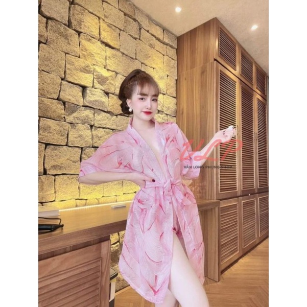[BIGSIZE_65KG]_DN109_Set áo choàng ngủ chiffon hoa nẹp viền tay ngắn