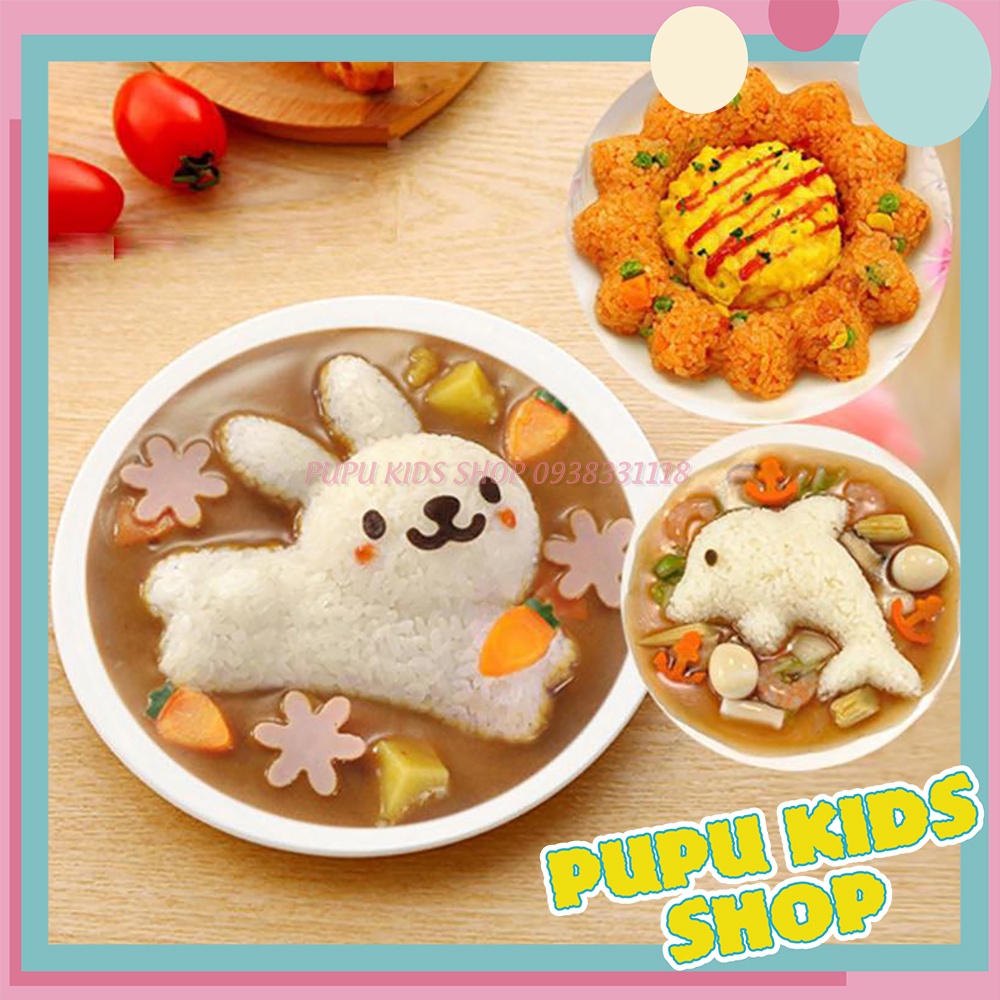 Set 4 Khuôn ép cơm bento hình cá heo, thỏ, hoa và khuôn cắt tạo hình rau củ quả cho bé ăn dặm