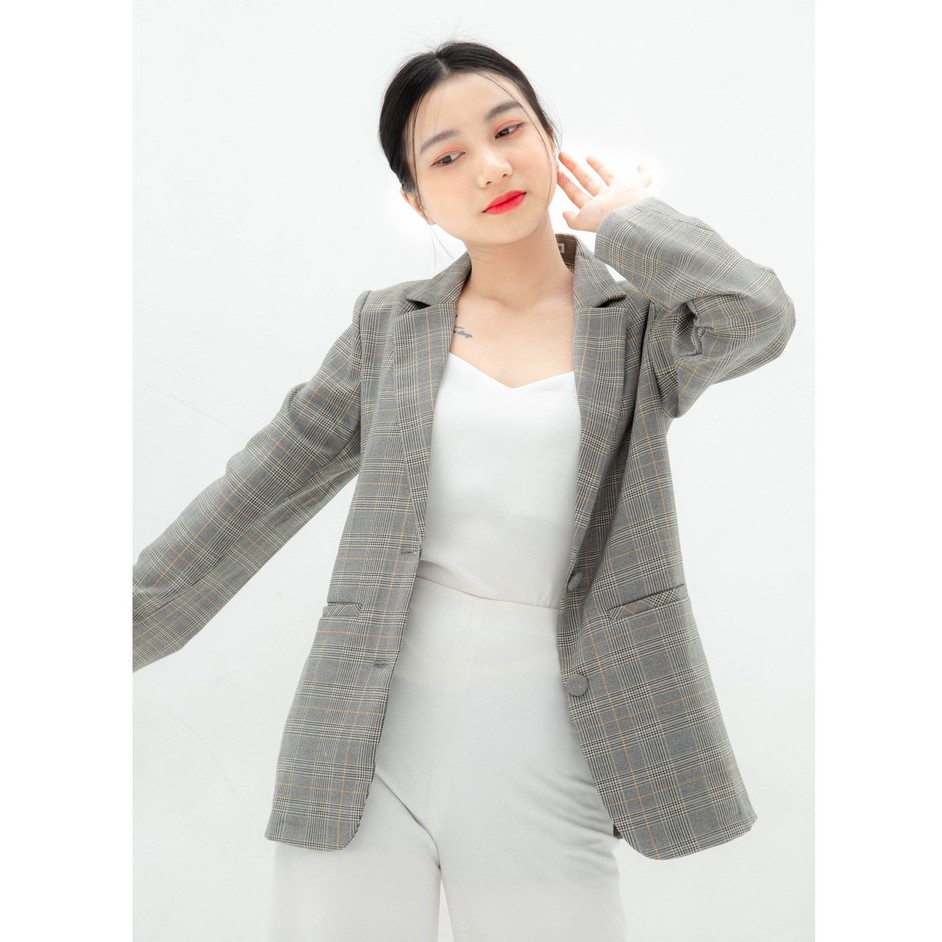 Áo vest nữ blazer KHÀN họa tiết caro xám kẻ vàng áo khoác công sở tay dài 1 lớp phong cách Hàn Quốc | BigBuy360 - bigbuy360.vn