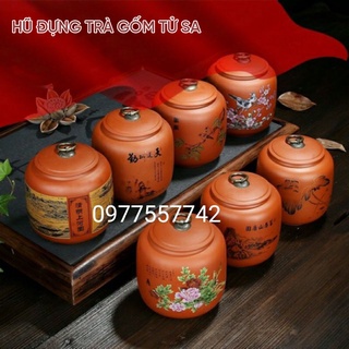 Hũ đựng trà gốm Tử Sa ⚡ CAO CẤP ⚡ Thiết kế hình tròn màu vàng đất có hoạ tiết hoa văn tinh sảo