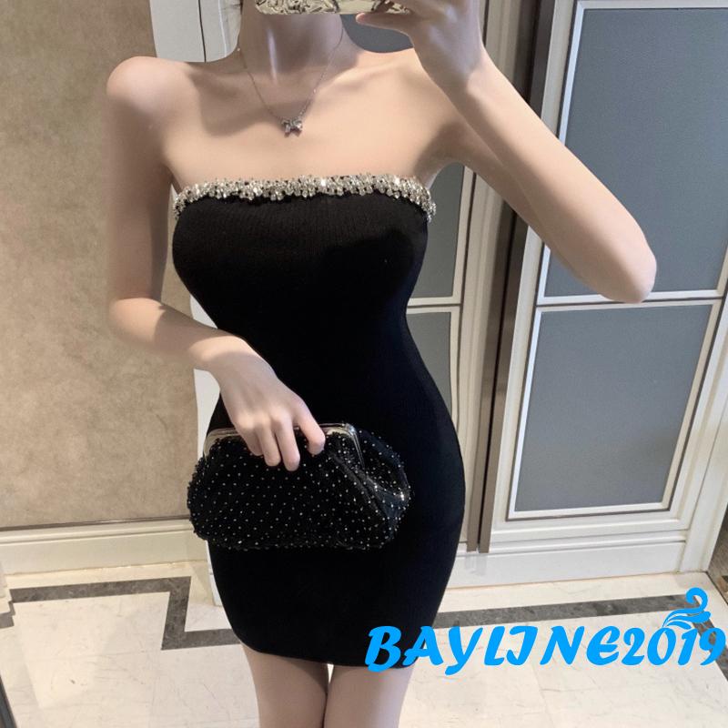 BAY-Female Bodycon Dress, Rhinestones Sleeveless Strapless Short One-Piece Streetwear for Summer, Black