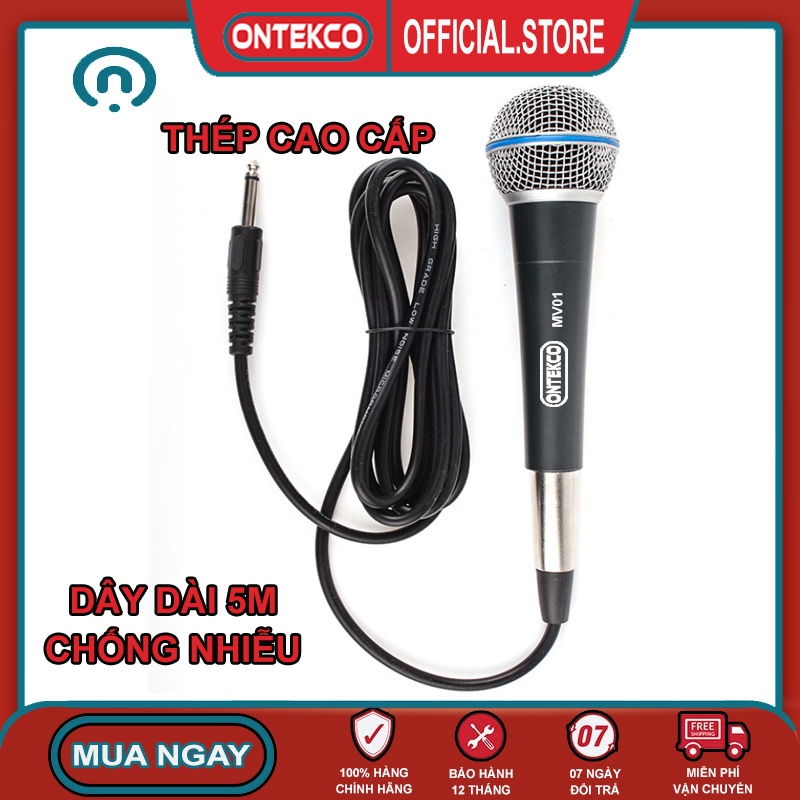 [Mã ELHACE giảm 4% đơn 300K] Micro hát karaoke dây dài 5M Ontekco MV-01 tay cầm thép chắc chắn cao cấp