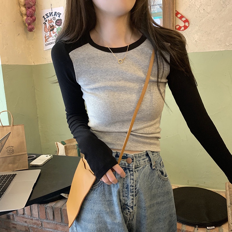 Áo Thun Dài Tay Ôm Dáng Màu Sắc Tương Phản Thời Trang Mùa Thu Cho Nữ