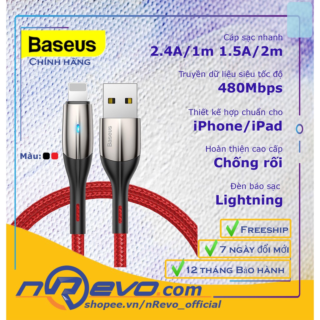 ⚡Baseus⚡ Cáp sạc iPhone Baseus - Dây Lightning hỗ trợ sạc nhanh - Siêu bền - Chống gẫy - Đèn LED - Bảo hành chính hãng