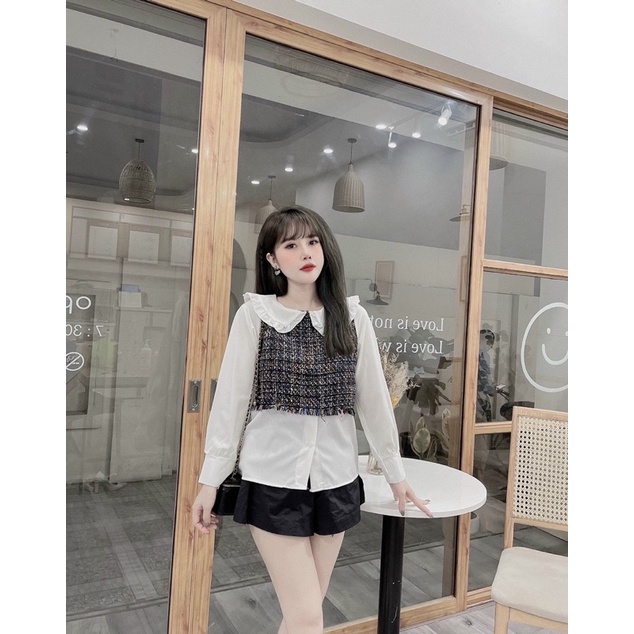 Áo sơ mi pha dạ cổ sen