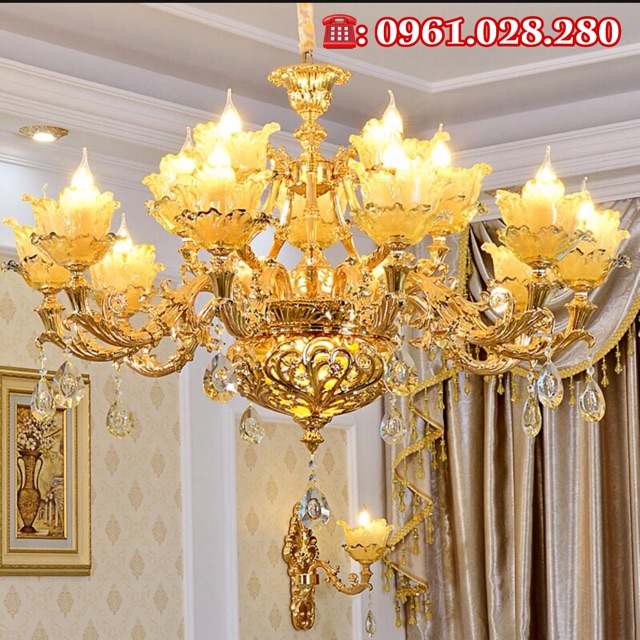 Đèn chùm Trang Trí Nội Thất Hoa Vàng 8-15 Tay Hàng đẹp - Tặng Kèm Bóng Nến