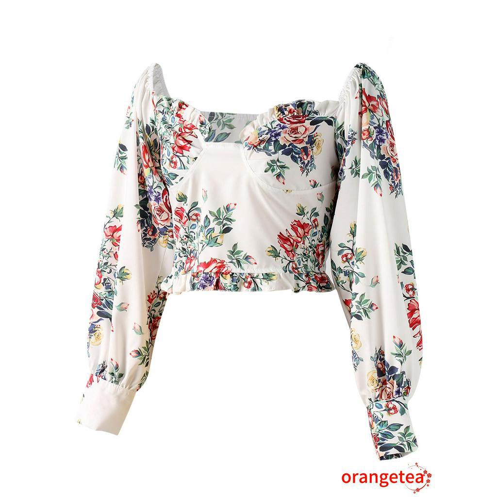 Áo Crop Top Tay Phồng Họa Tiết Hoa Thanh Lịch Cho Nữ