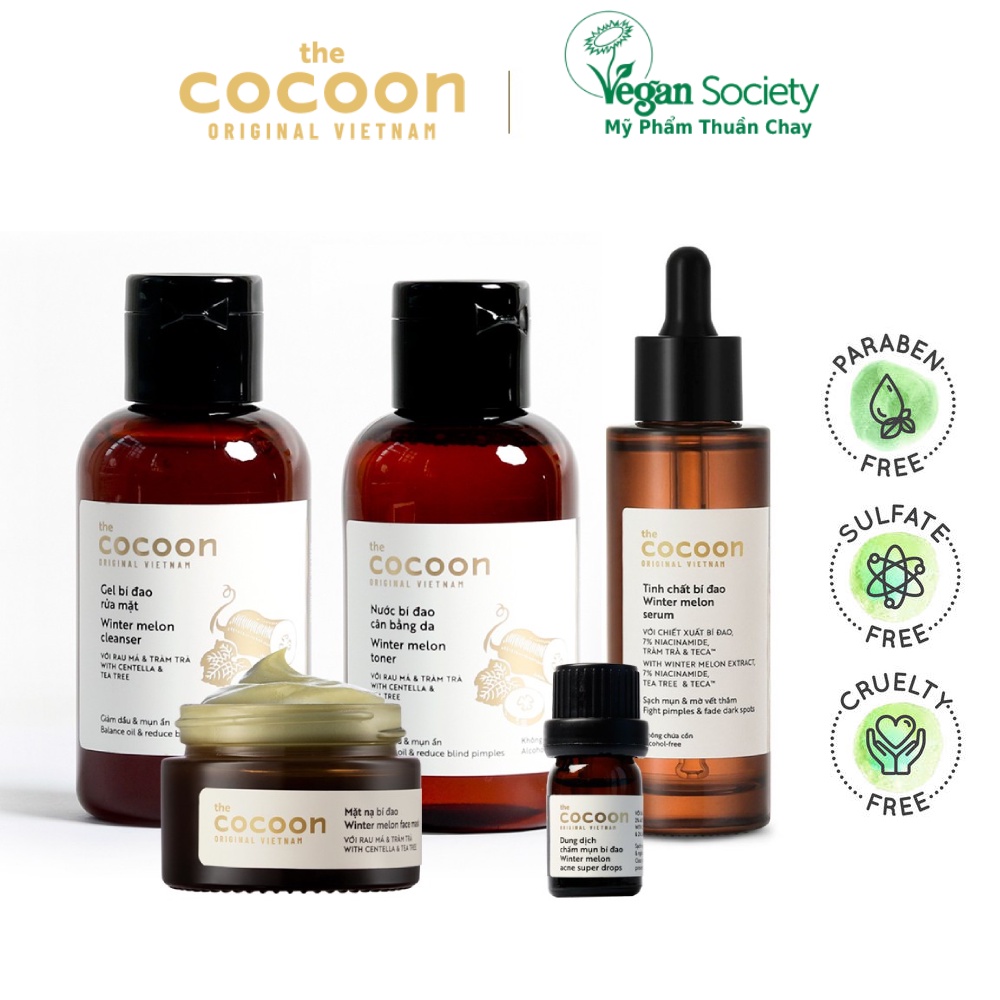 Bộ 5 chăm sóc da mụn Cocoon Việt Nam chuyên sâu: Gel + Toner + Serum + Mặt nạ + Chấm mụn bí đao cocoon - Vegan Society