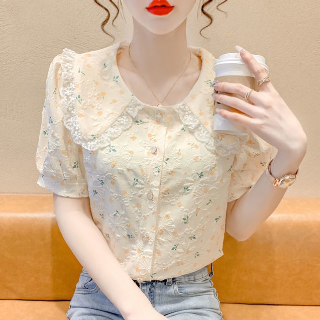 Áo Sơ Mi Tay Ngắn Phồng Cổ Búp Bê In Họa Tiết Hoa Phong Cách Pháp Thời Trang Dành Cho Nữ