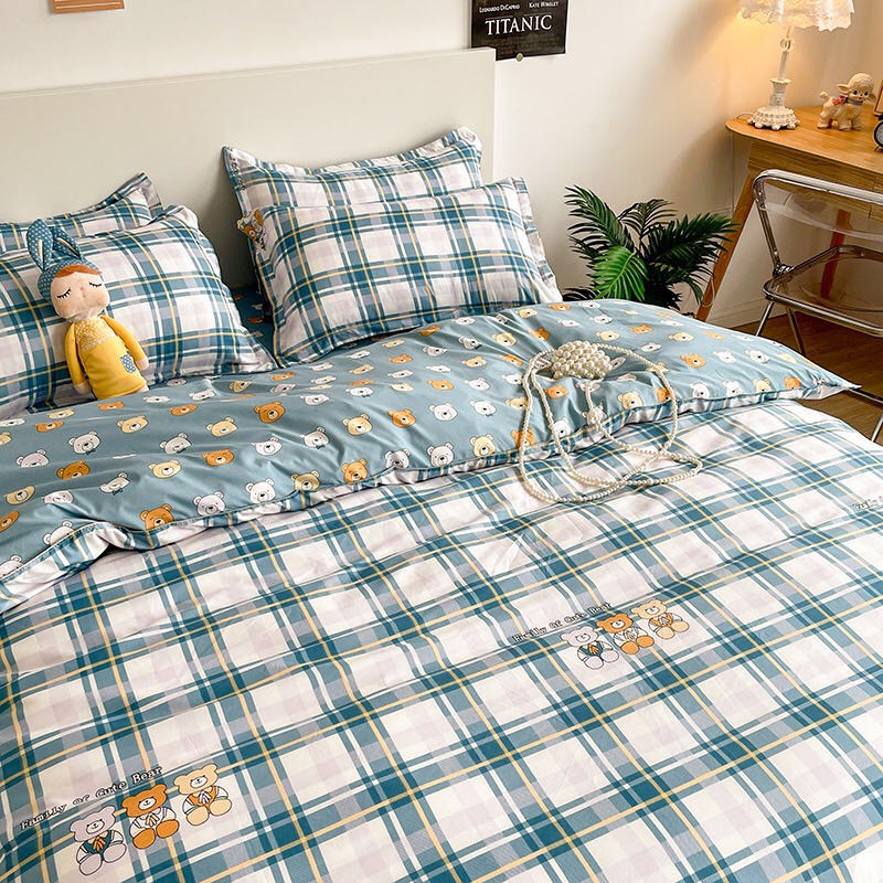 Bộ chăn ga gối Cotton Poly Bo Decor Family gấu, vỏ chăn mền, drap giường và 2 vỏ gối
