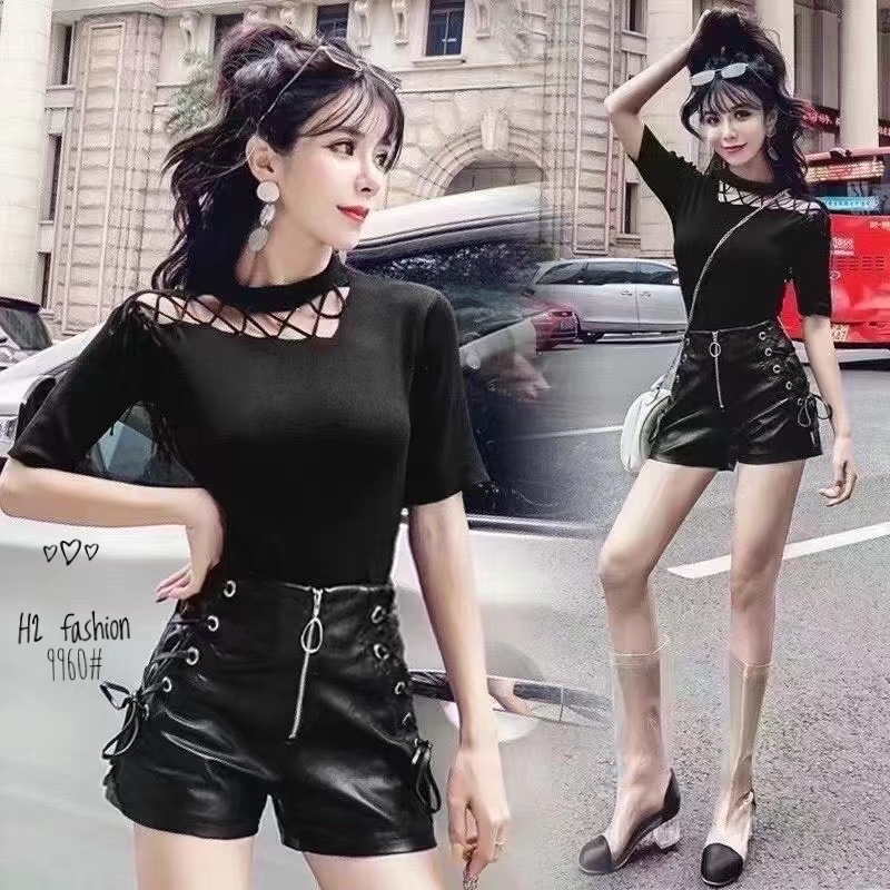 Quần Short Da Cạp Cao Đan Dây