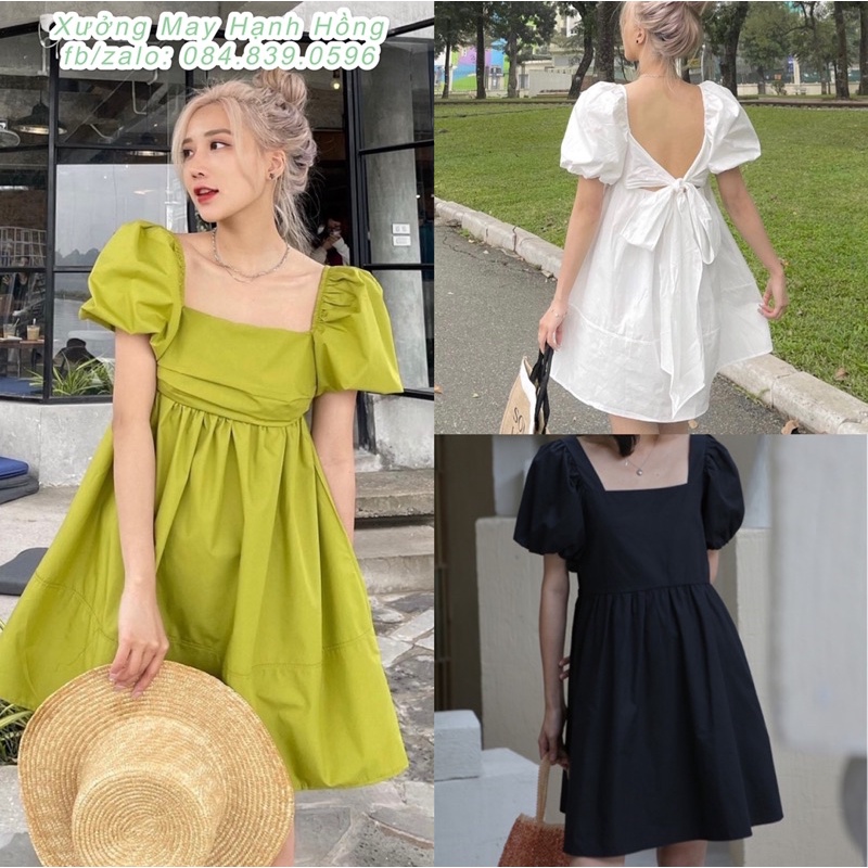 Váy babydoll cổ vuông thắt nơ lưng đi biển