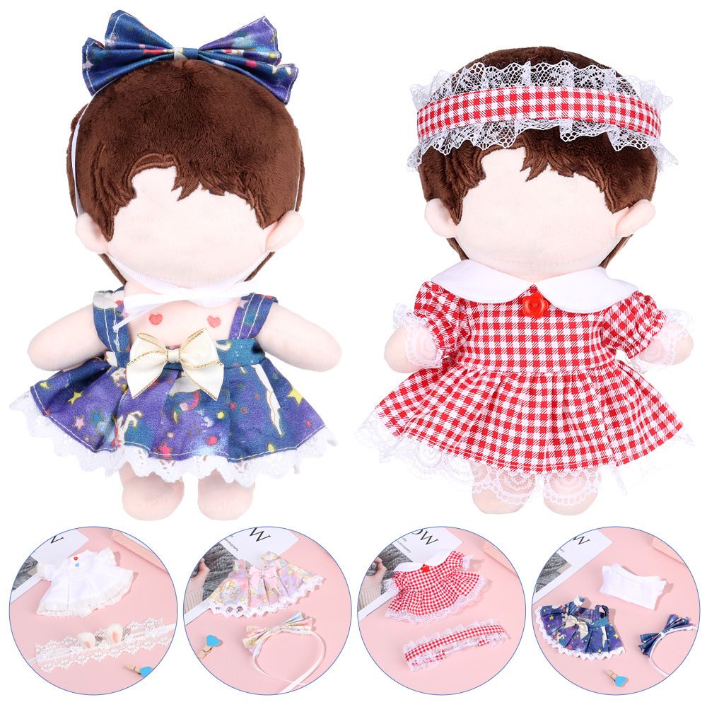 LUOLV Gift Idol Dolls Accessories Changing Dressing Game Cotton Stuffed 20CM Doll Clothes Playing House Cartoon Pattern Outfit Skirt Shirt Headband Toy Plaid Dress