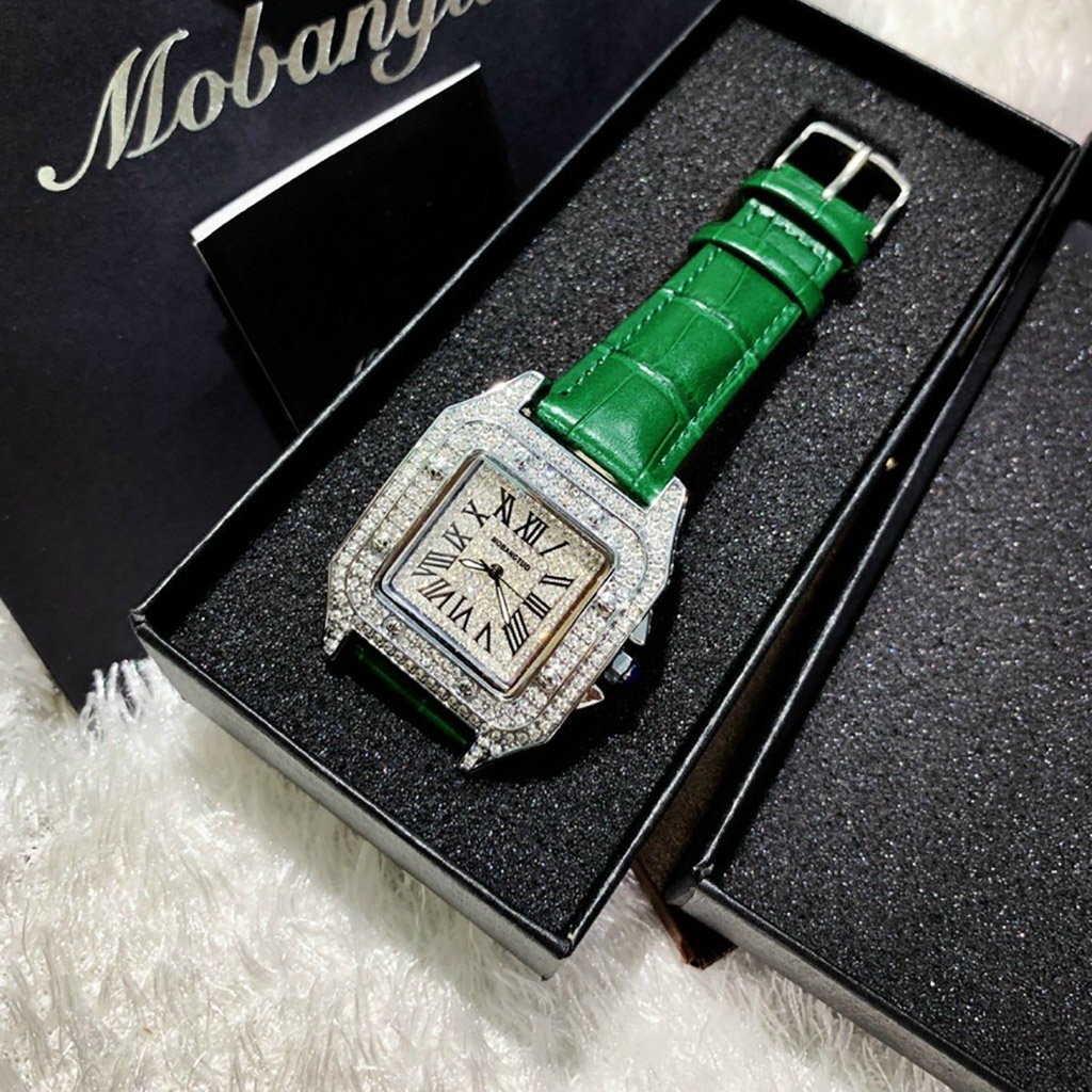 Đồng hồ nữ Mobangtuo dây da mặt vuông  đính full đá sang trọng, chống nước - Full Box