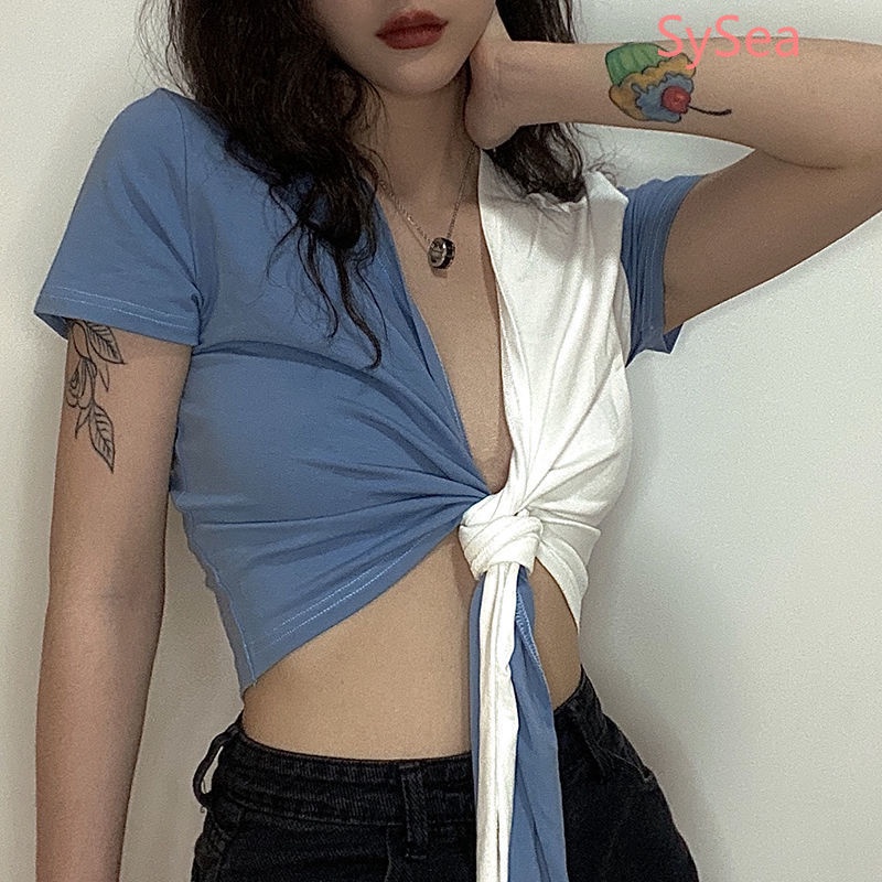 Áo croptop tay ngắn cổ chữ V phong cách thời trang mùa hè cho nữ