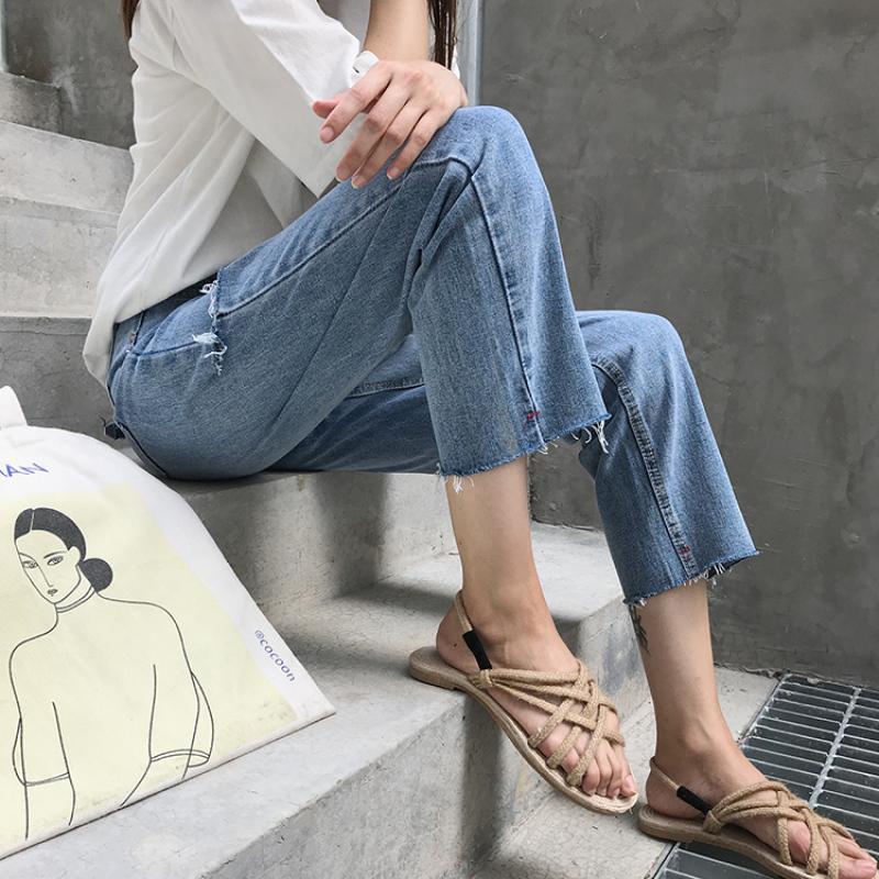 Quần Jeans Dài Rách Gối Thời Trang Dành Cho Nữ