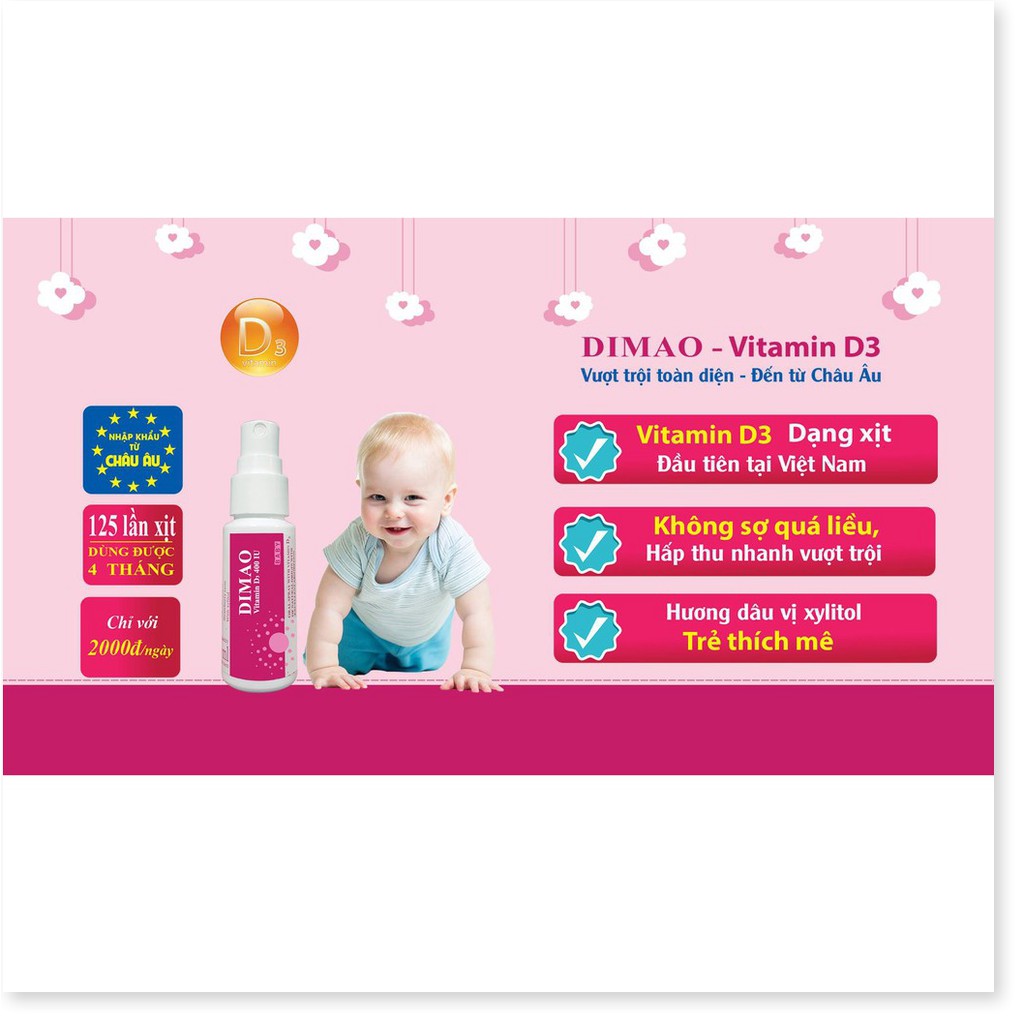 Dimao - Vitamin D3 Dạng Xịt 400IU, Hàng Nhập Khẩu Châu Âu, Hương Dâu, Hiệu Quả Và Hấp Thu Tốt (mẫu mới)