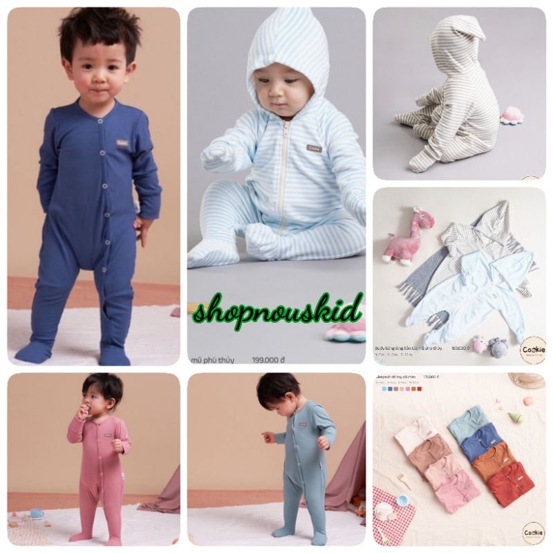 (Cookie)Body lộn tay liền tất: len tăm và băng lông có mũ (3m đến 12m)