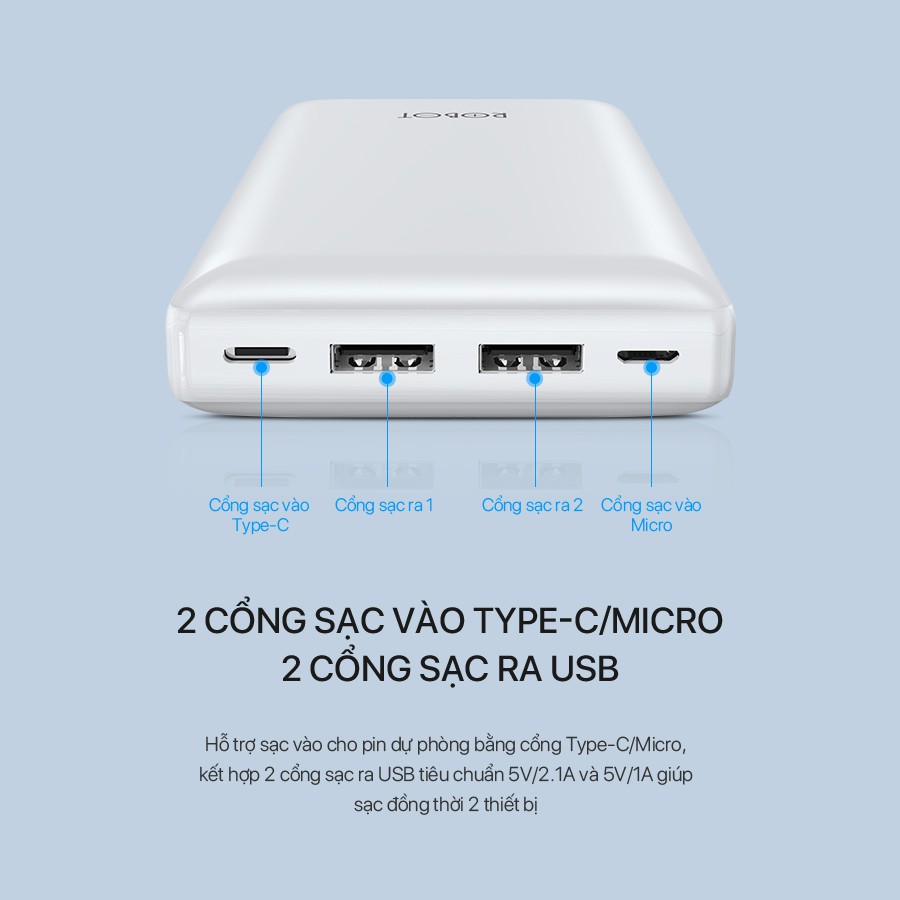 Pin Sạc Dự Phòng 20000mAh ROBOT RT20 - Công Suất 10W - 2 Cổng Output USB & 2 Cổng Input Micro USB/ Type-C