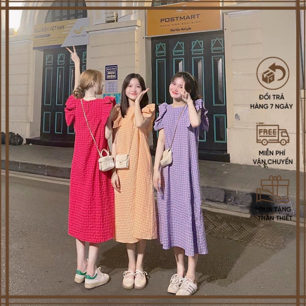 Đầm bầu kẻ caro cổ tròn tay cánh tiên dáng dài form rộng cho mẹ bầu bí dưới 58kg bon chen thoải mái